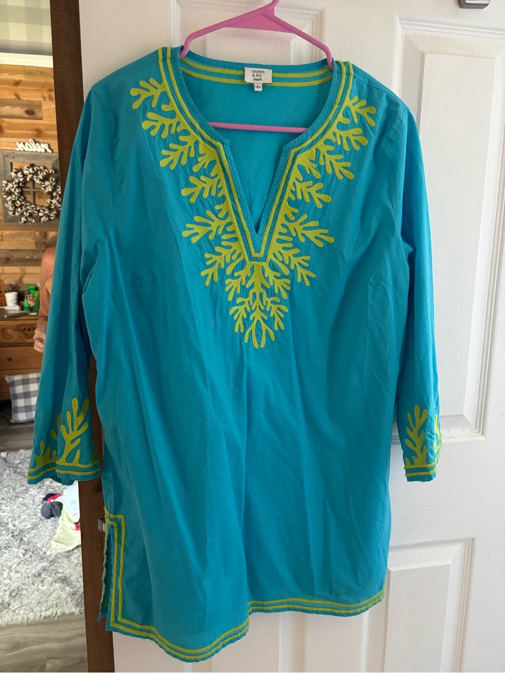 Turquoise Tunic with Lime Green Embroidery - Picture 2 of 5